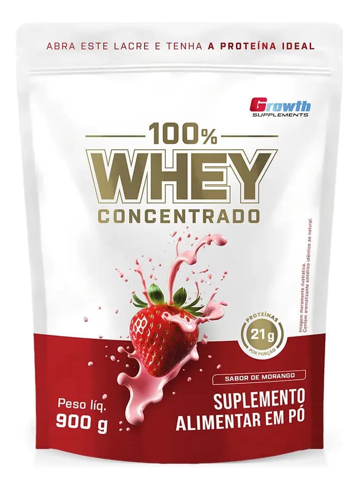 Whey 100% Concentrado Growth 900 g Morango